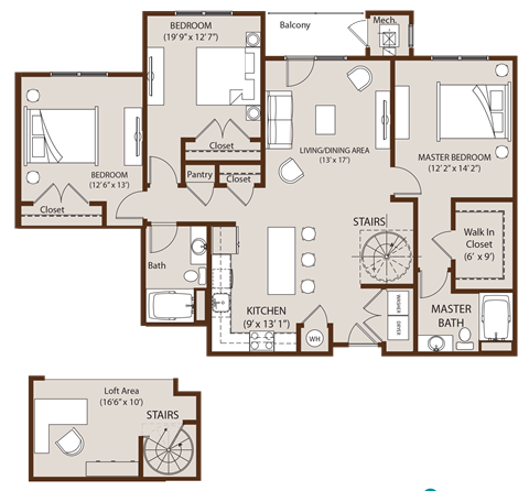 Floor plan for 3 beds, 2 baths, 1568 sqft